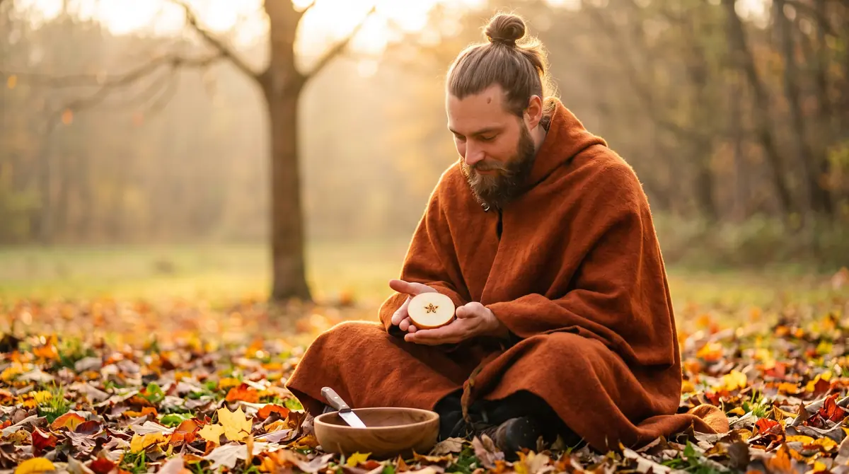Nicolas, assis dans les feuilles d'automne, un bol posé devant lui